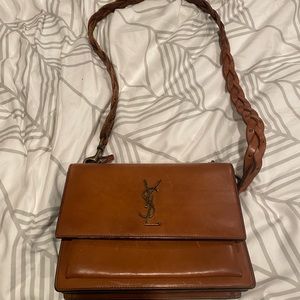 Saint Laurent Sunset Braided Strap Leather Shoulder Bag In Brown